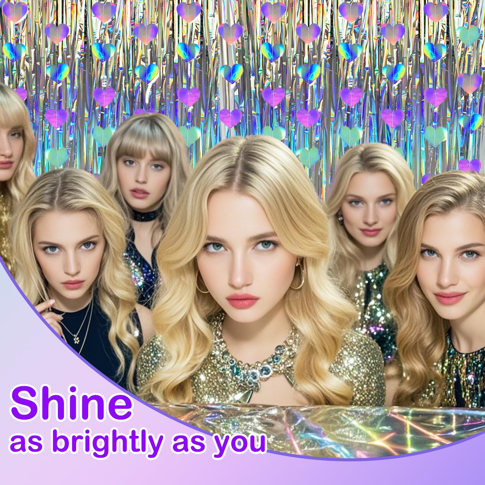 Ricawa 8-Piece Iridescent Disco-Holographic Party Decorations – Love-Heart Garland Banner, Disposable Laser Tablecloth, Tinsel Fringe Curtains | Birthday & Retro Themed Decor