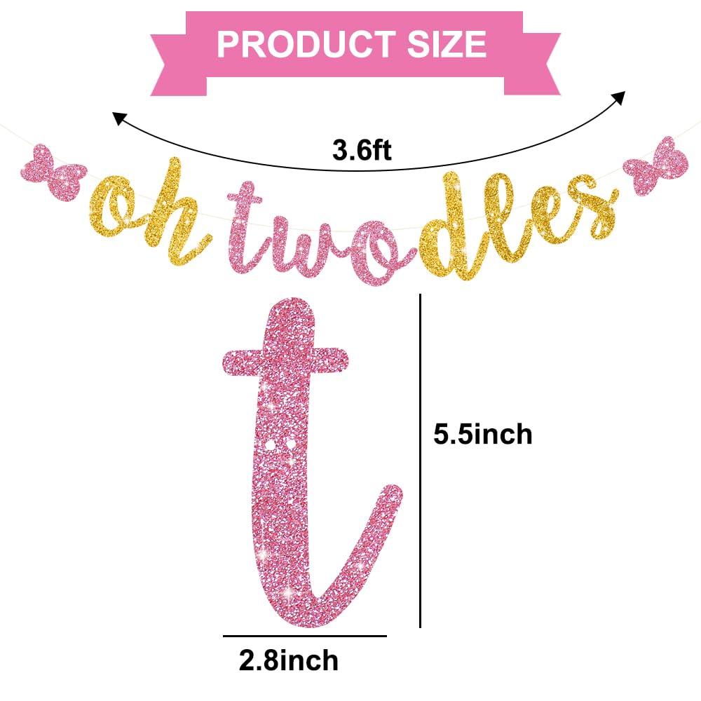 RICHHHA Glitter Pink Gold Oh Twodles Banner - Pre-Strung Mouse Themed 2nd Birthday Garland