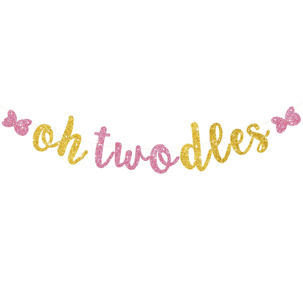 RICHHHA Glitter Pink Gold Oh Twodles Banner - Pre-Strung Mouse Themed 2nd Birthday Garland