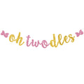 RICHHHA Glitter Pink Gold Oh Twodles Banner - Pre-Strung Mouse Themed 2nd Birthday Garland