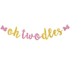 RICHHHA Glitter Pink Gold Oh Twodles Banner - Pre-Strung Mouse Themed 2nd Birthday Garland