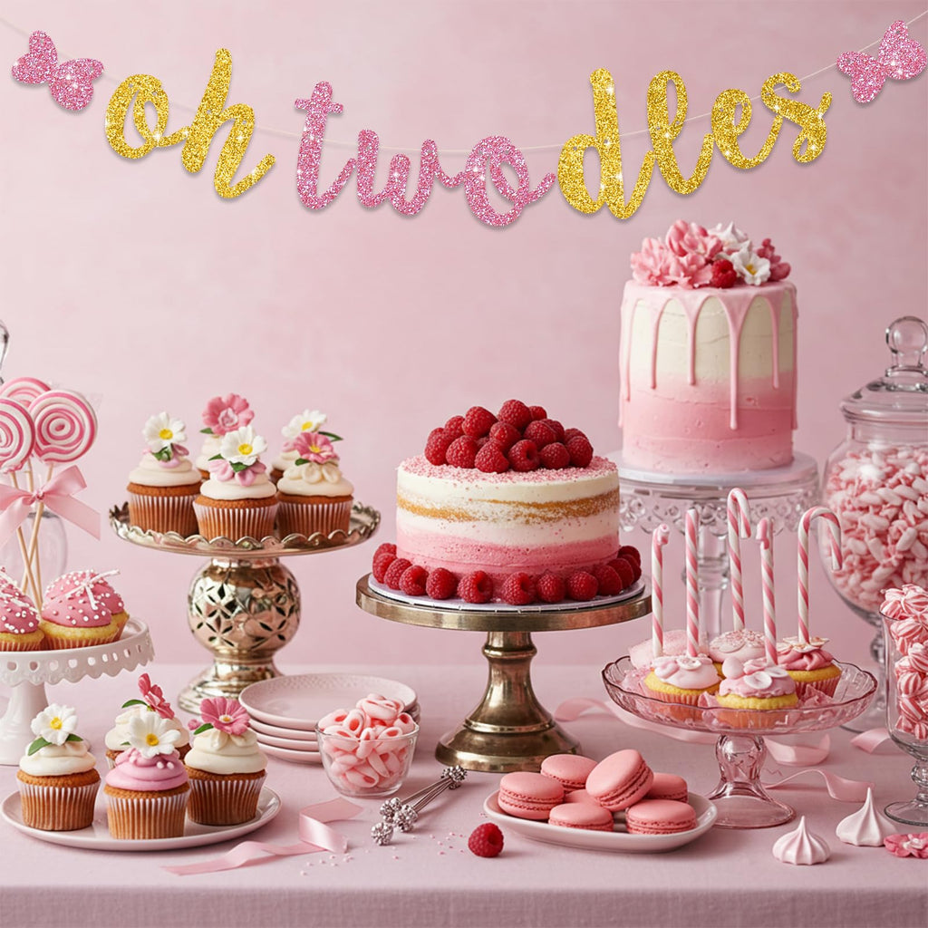 RICHHHA Glitter Pink Gold Oh Twodles Banner - Pre-Strung Mouse Themed 2nd Birthday Garland