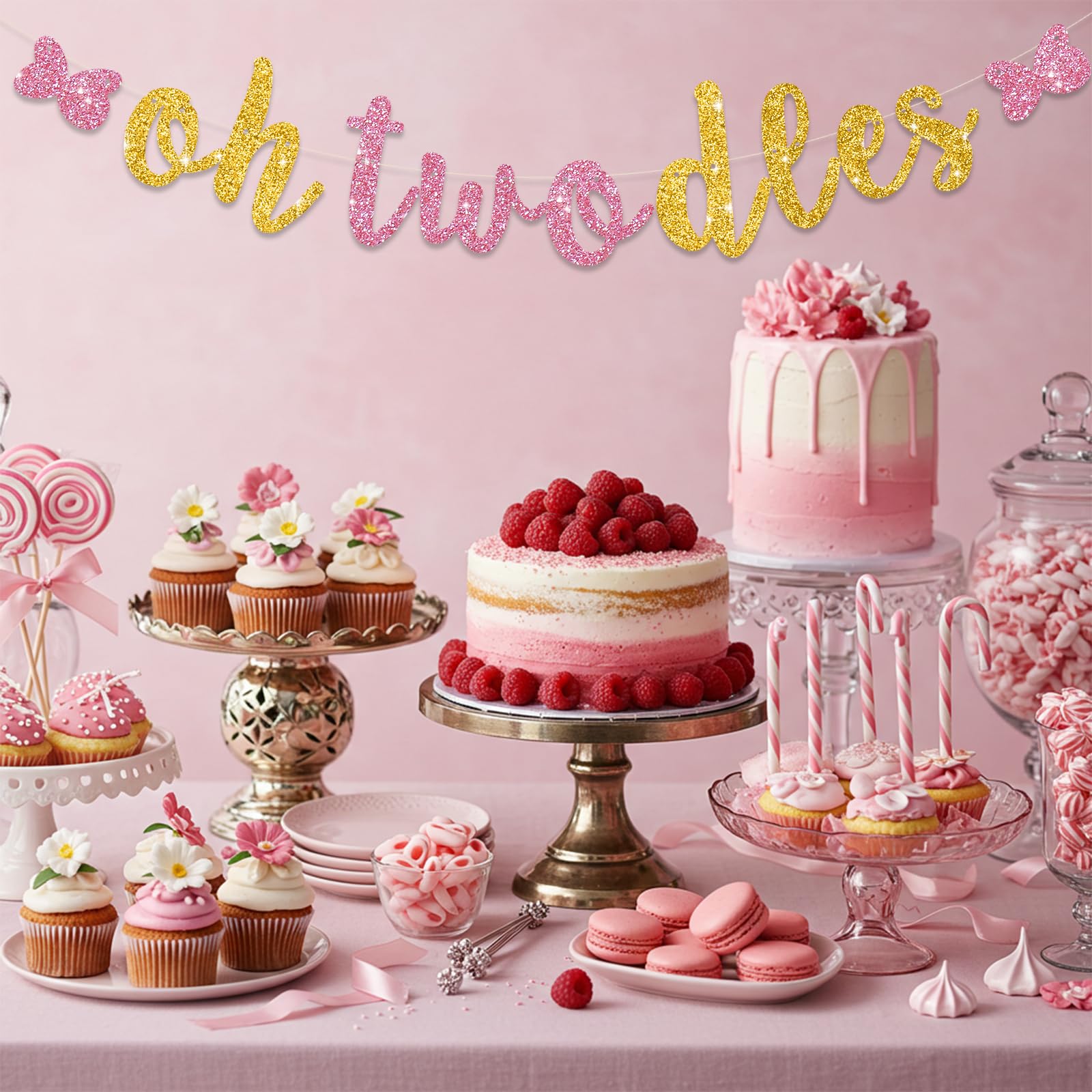 RICHHHA Glitter Pink Gold Oh Twodles Banner - Pre-Strung Mouse Themed 2nd Birthday Garland