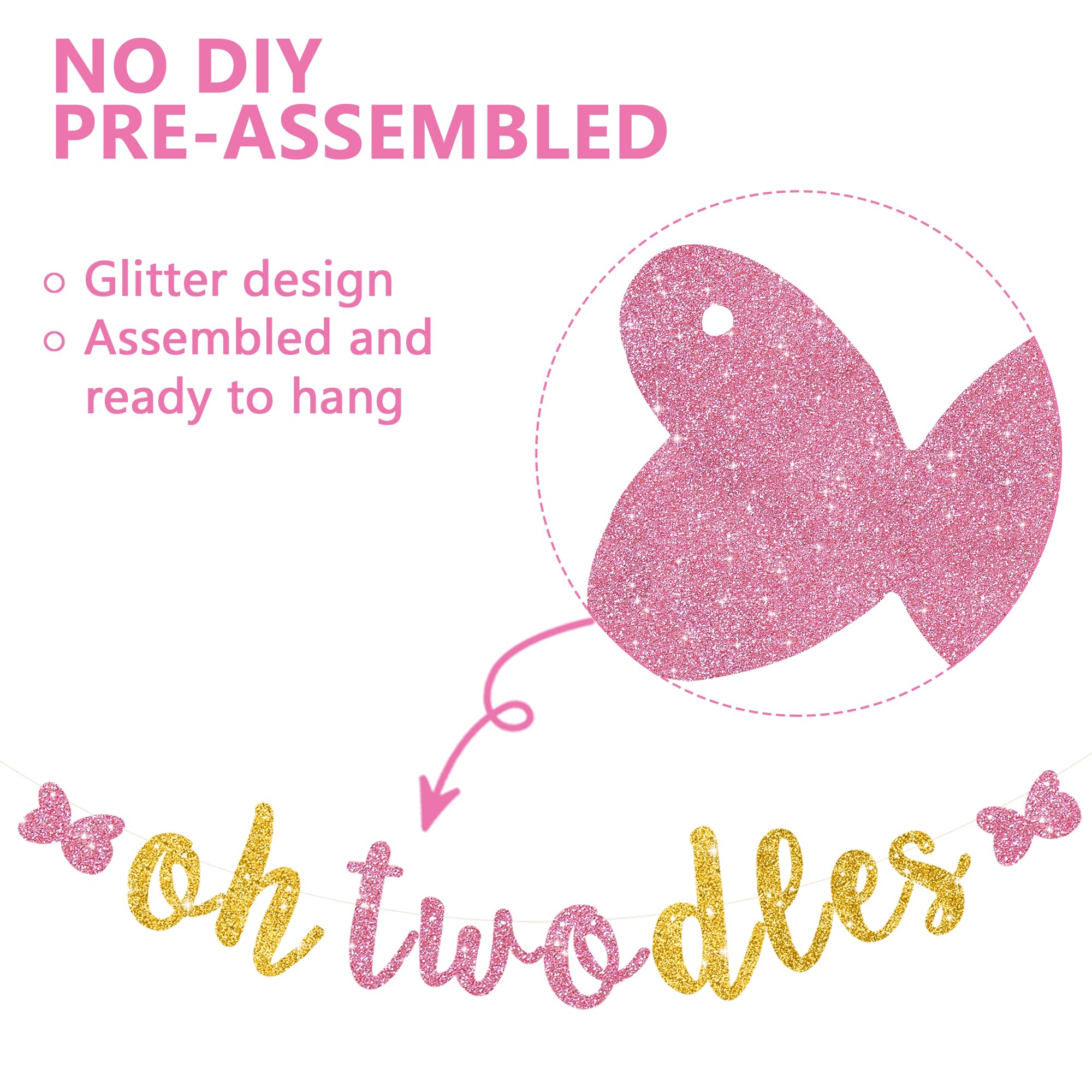 RICHHHA Glitter Pink Gold Oh Twodles Banner - Pre-Strung Mouse Themed 2nd Birthday Garland
