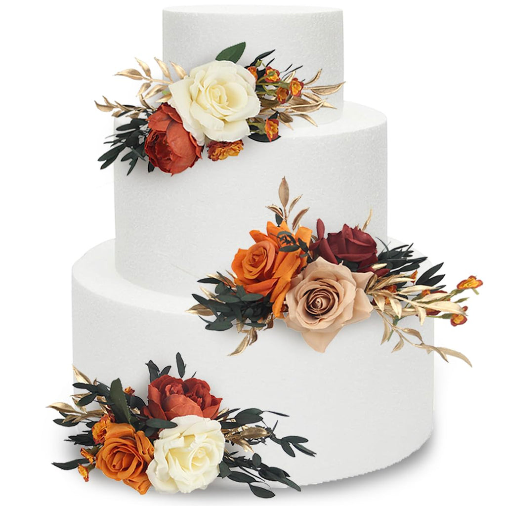 Rinlong 3Pcs Pre-made Cake Topper Flowers – Boho Burnt Orange Fall Cake Decor