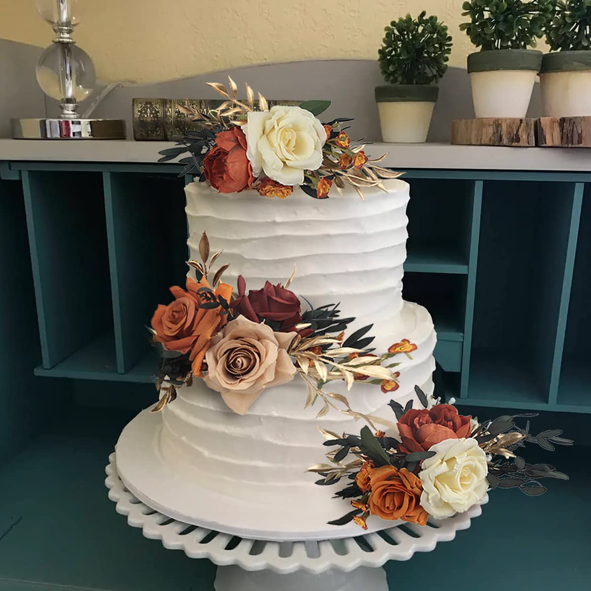 Rinlong 3Pcs Pre-made Cake Topper Flowers – Boho Burnt Orange Fall Cake Decor