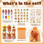 Rinziigo Capybara Party Favor Gift Set – 24 Squeeze Toys, 4-in-1 Pens, Stickers & Bags