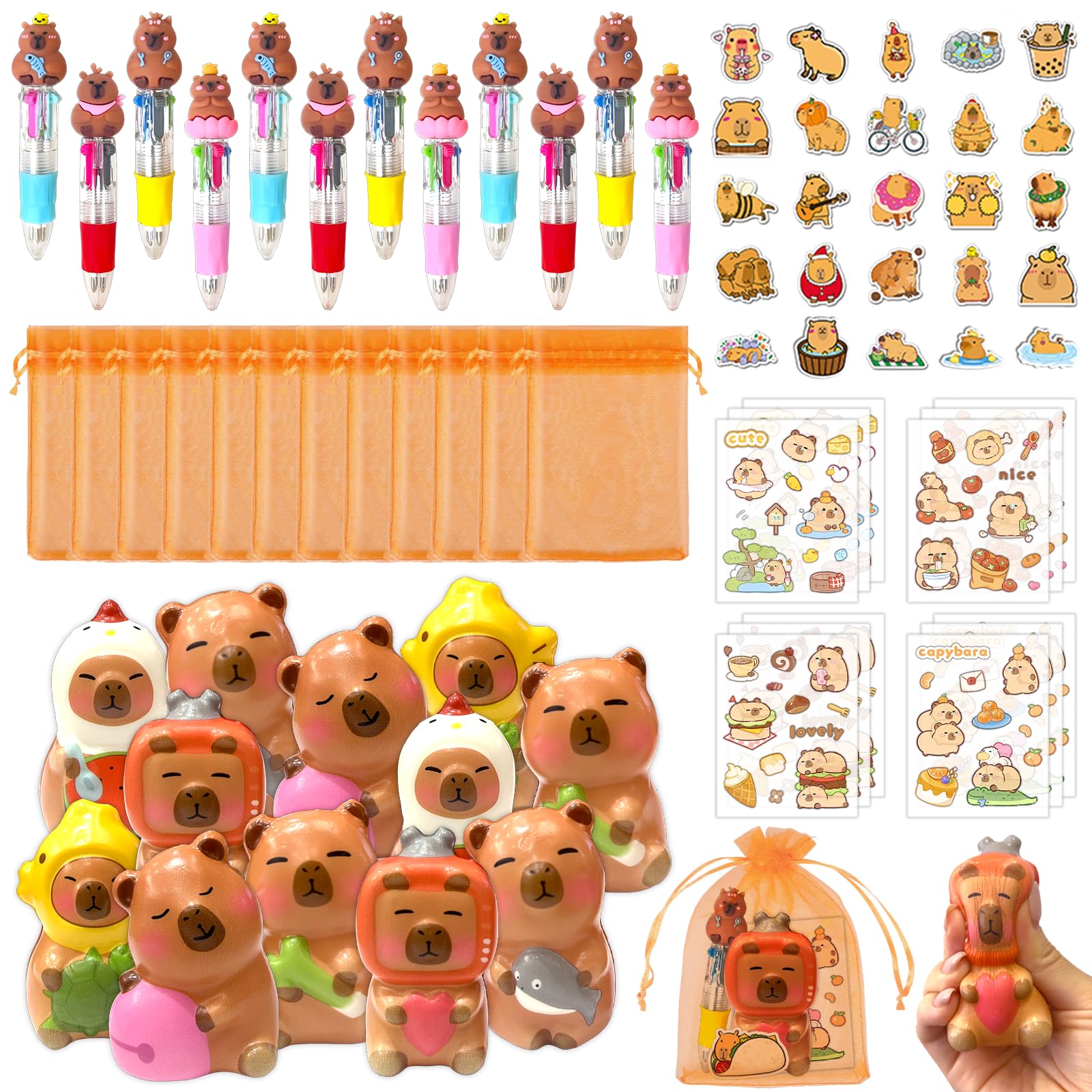 Rinziigo Capybara Party Favor Gift Set – 24 Squeeze Toys, 4-in-1 Pens, Stickers & Bags