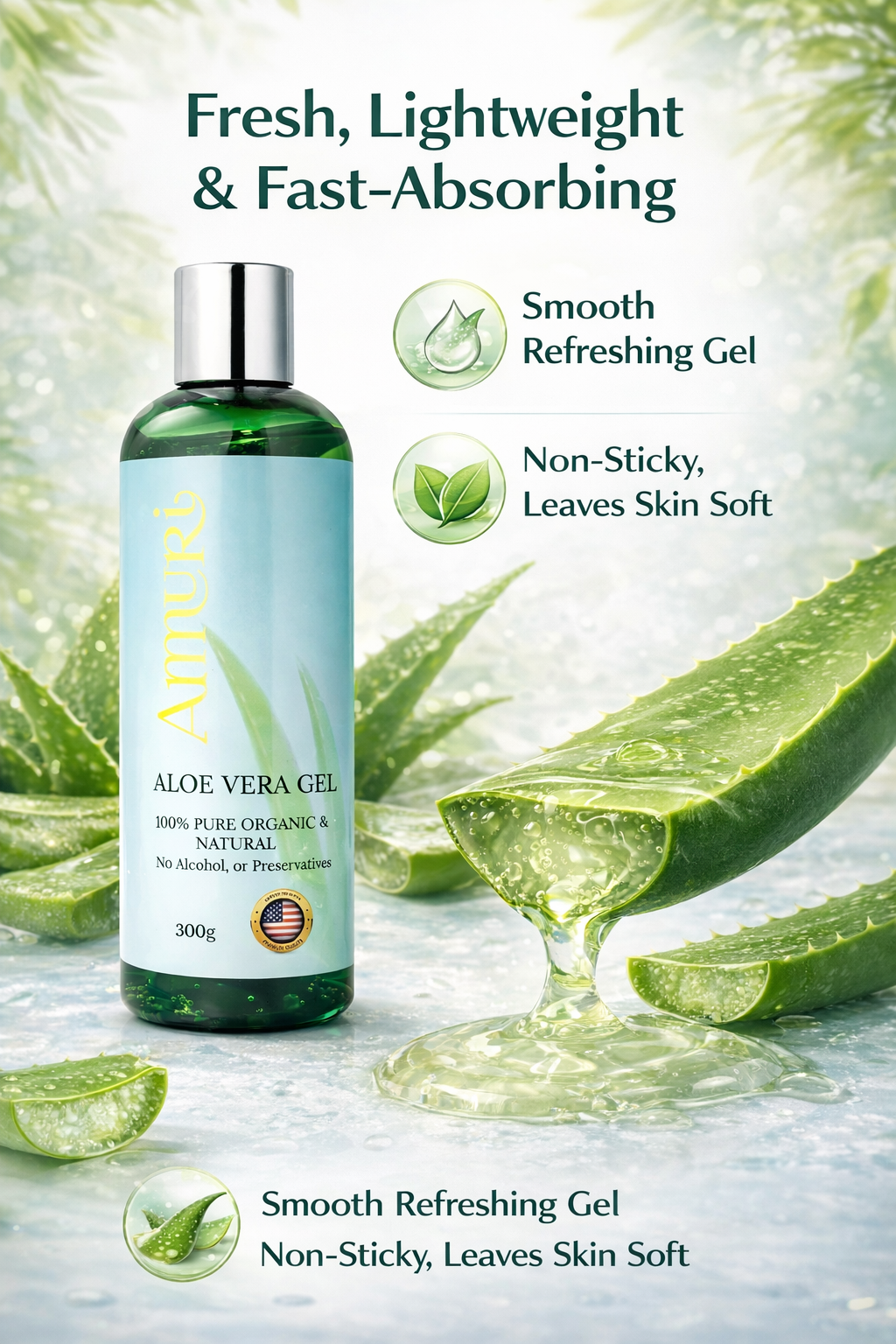 Ammuri Bio Aloe Vera Gel 300g – Reines Naturprodukt, 5er-Pack für Gesicht & Körper