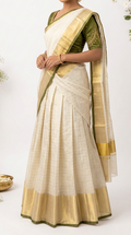 Elegant Kerala Tissue Silk Half Saree Set – Ivory Cream & Olive Green | Traditional South Indian Festive Wear | Onam, Wedding & Party Outfit