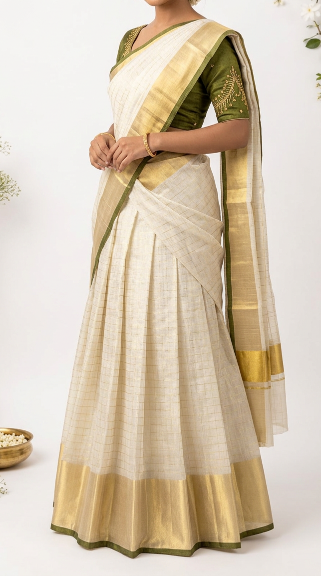 Elegant Kerala Tissue Silk Half Saree Set – Ivory Cream & Olive Green | Traditional South Indian Festive Wear | Onam, Wedding & Party Outfit