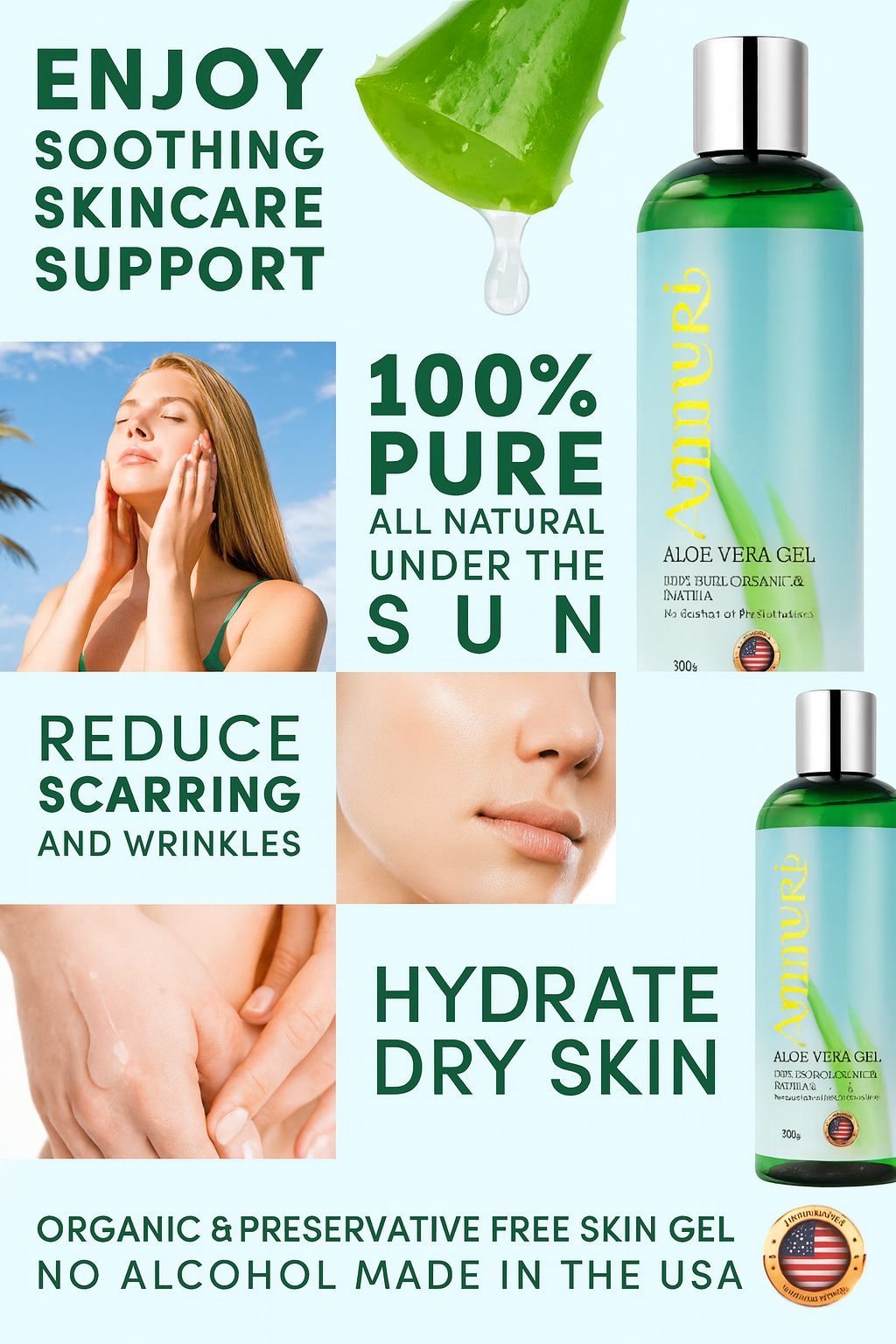 Ammuri Bio Aloe Vera Gel 300g – Reines Naturprodukt, 5er-Pack für Gesicht & Körper