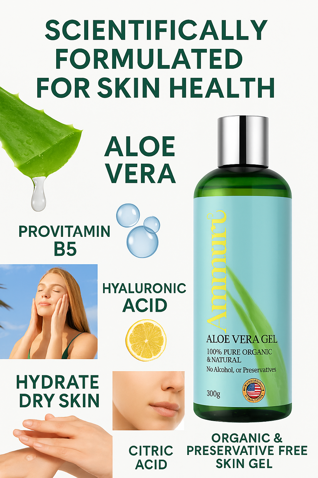 Ammuri Bio Aloe Vera Gel 300g – Reines Naturprodukt, 5er-Pack für Gesicht & Körper