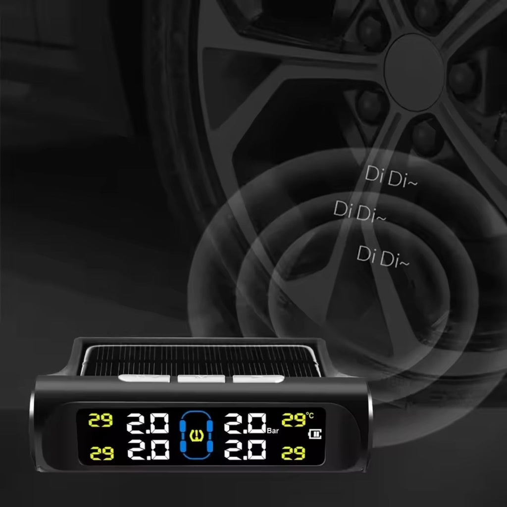 Solar Powered Wireless Tyre Pressure Monitoring System (TPMS) with 4 External Sensors – Real-Time LCD Display, USB Dual Charging, High/Low Pressure & Temperature Alerts for Cars, SUVs, Vans