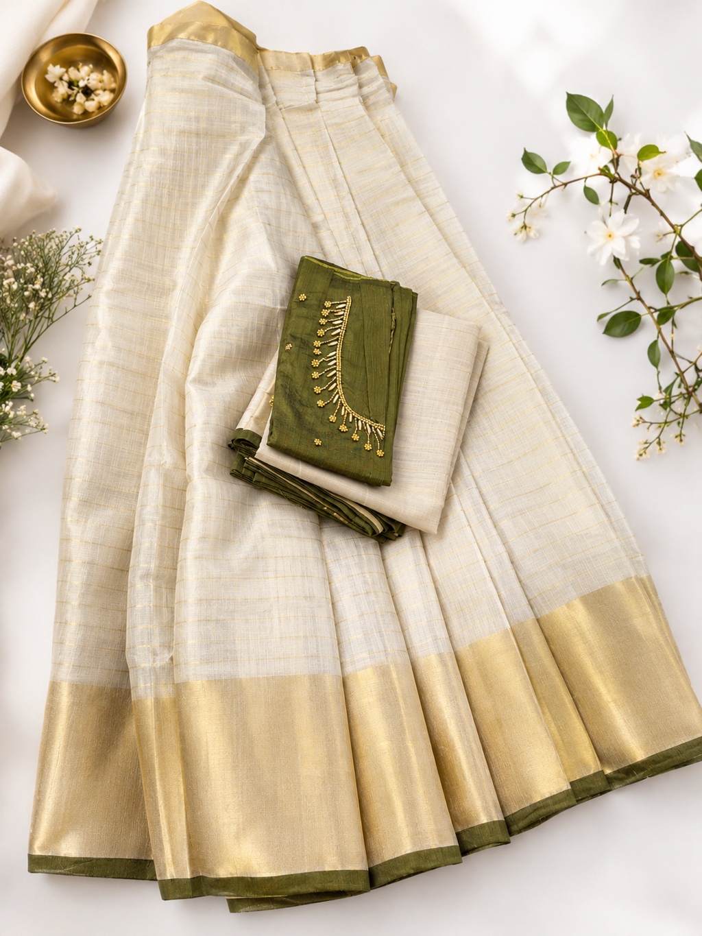 Elegant Kerala Tissue Silk Half Saree Set – Ivory Cream & Olive Green | Traditional South Indian Festive Wear | Onam, Wedding & Party Outfit