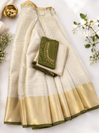 Elegant Kerala Tissue Silk Half Saree Set – Ivory Cream & Olive Green | Traditional South Indian Festive Wear | Onam, Wedding & Party Outfit