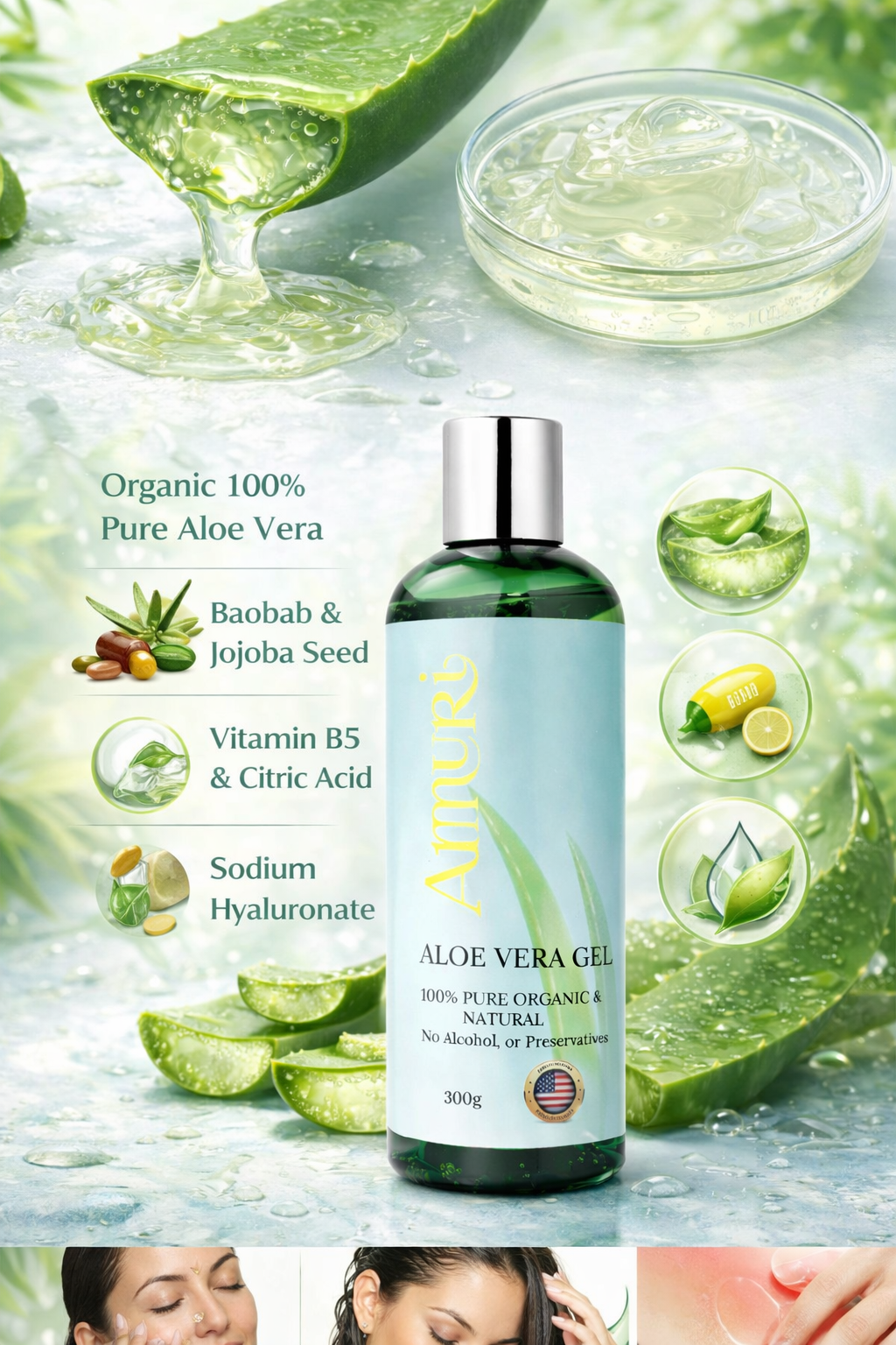Ammuri Bio Aloe Vera Gel 300g – Reines Naturprodukt, 5er-Pack für Gesicht & Körper
