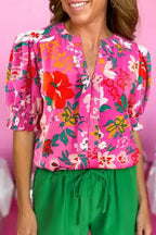Rose Floral Split V-Neck Puff Sleeve Blouse Women UK