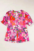 Rose Floral Split V-Neck Puff Sleeve Blouse Women UK