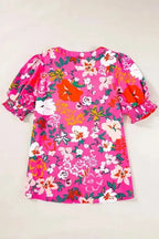 Rose Floral Split V-Neck Puff Sleeve Blouse Women UK