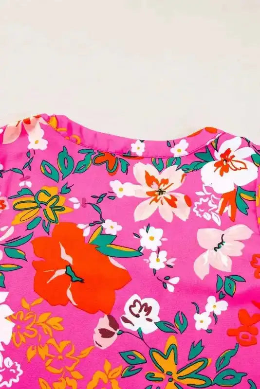 Rose Floral Split V-Neck Puff Sleeve Blouse Women UK