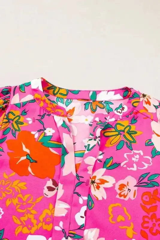 Rose Floral Split V-Neck Puff Sleeve Blouse Women UK