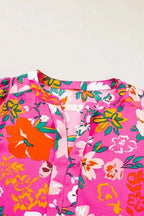 Rose Floral Split V-Neck Puff Sleeve Blouse Women UK