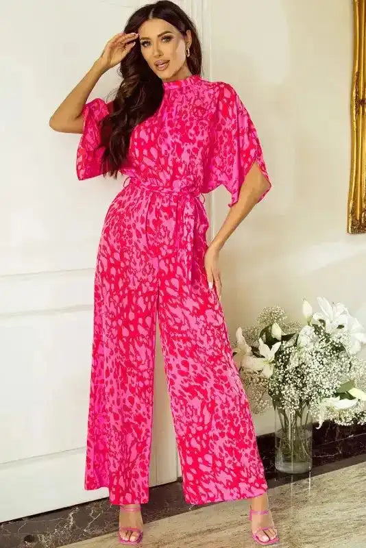 Stylish Rose Leopard Jumpsuit - Loose Fit