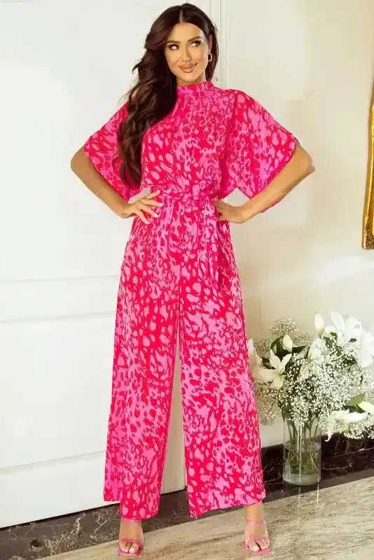 Stylish Rose Leopard Jumpsuit - Loose Fit