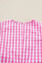 Rose Red Checkered Frilled Neck Ruffled Sleeve Shift Blouse Women UK