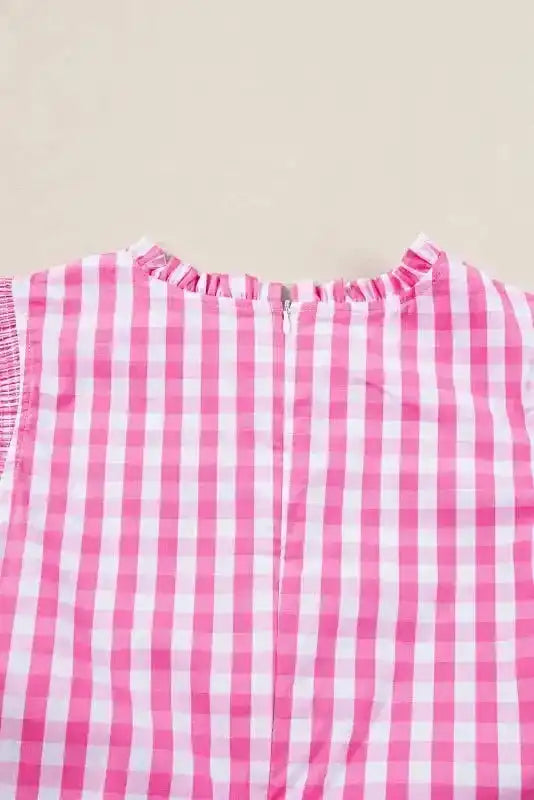 Rose Red Checkered Frilled Neck Ruffled Sleeve Shift Blouse Women UK