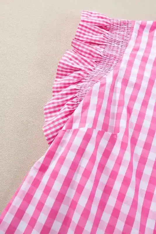 Rose Red Checkered Frilled Neck Ruffled Sleeve Shift Blouse Women UK