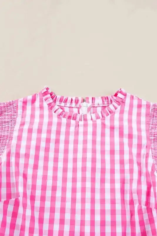 Rose Red Checkered Frilled Neck Ruffled Sleeve Shift Blouse Women UK