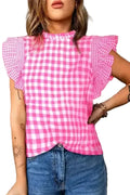 Rose Red Checkered Frilled Neck Ruffled Sleeve Shift Blouse Women UK