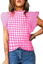 Rose Red Checkered Frilled Neck Ruffled Sleeve Shift Blouse Women UK