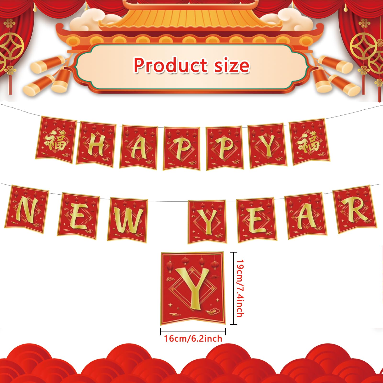 Rosulasi Chinese New Year Decorations 2026 | Red & Gold 16.4Ft Happy Lunar Banner & Bunting