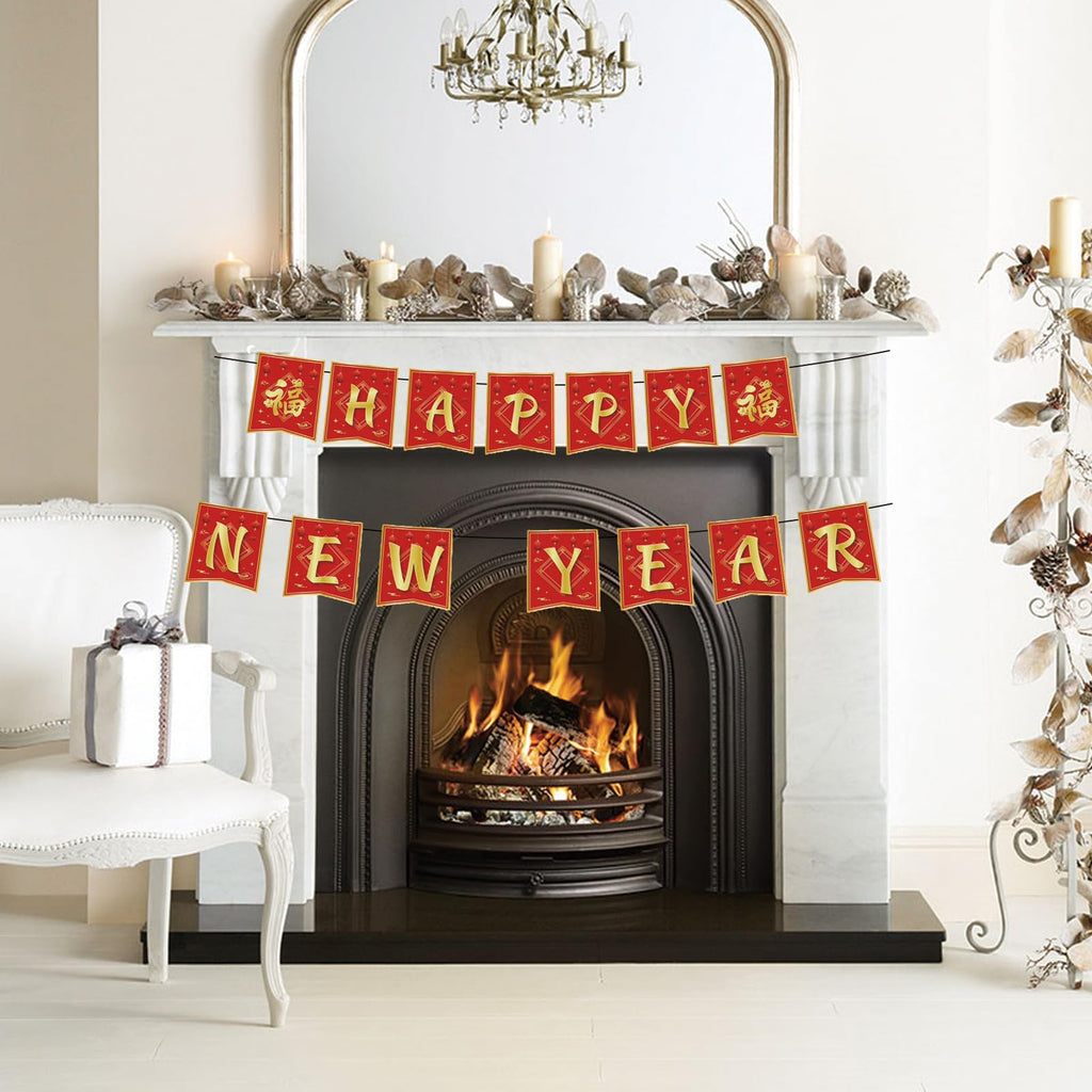 Rosulasi Chinese New Year Decorations 2026 | Red & Gold 16.4Ft Happy Lunar Banner & Bunting