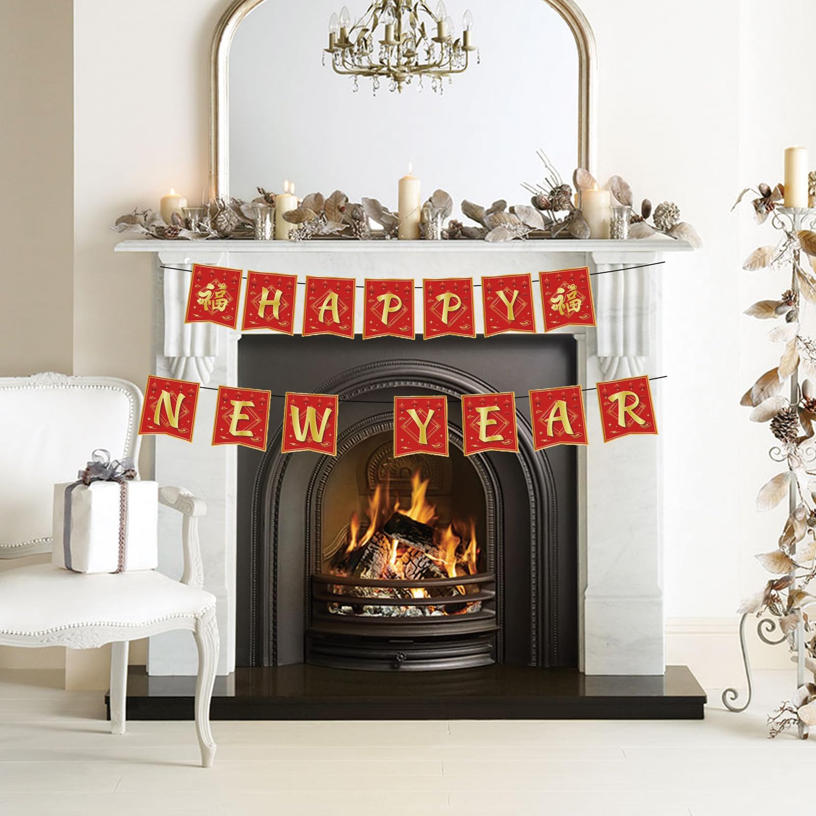 Rosulasi Chinese New Year Decorations 2026 | Red & Gold 16.4Ft Happy Lunar Banner & Bunting