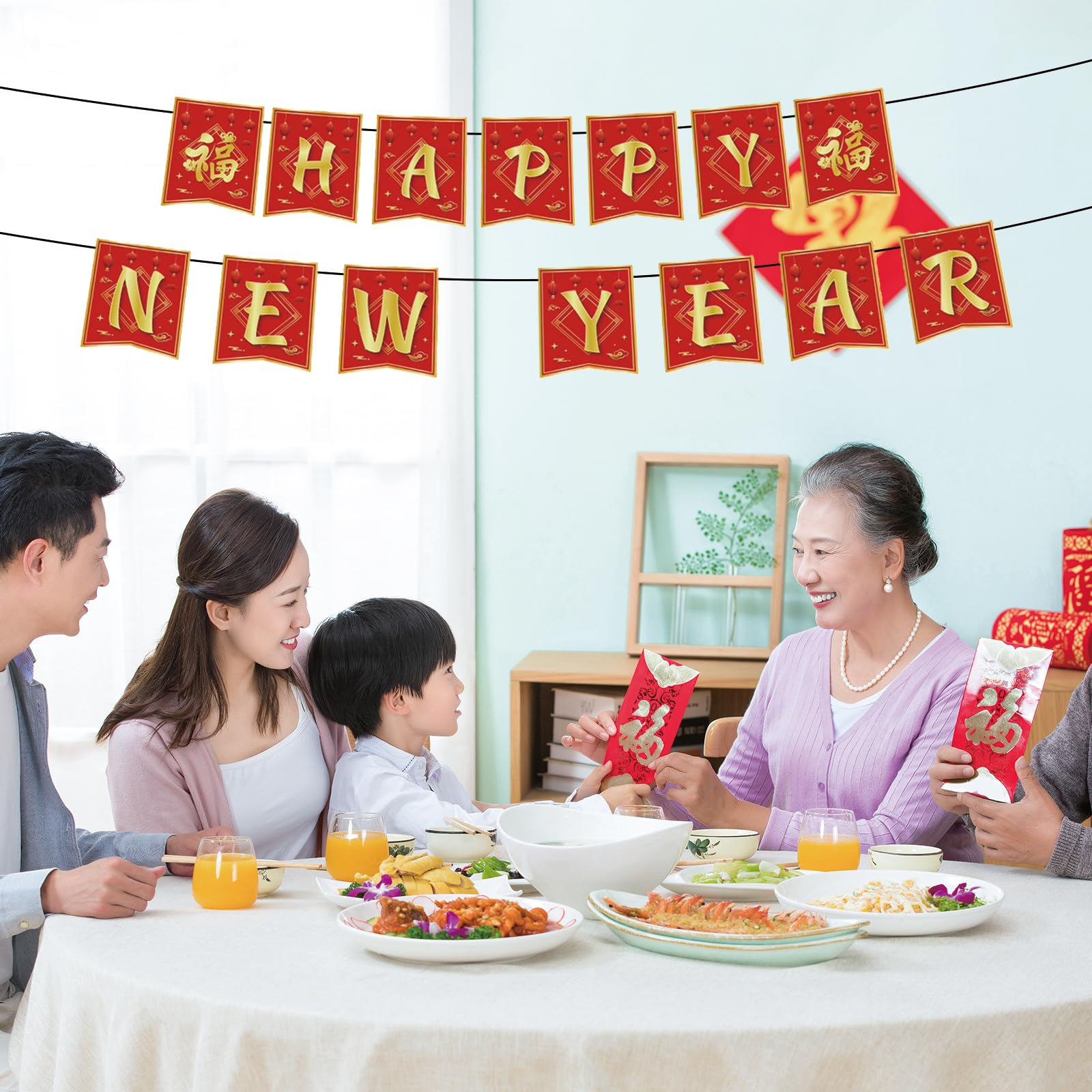 Rosulasi Chinese New Year Decorations 2026 | Red & Gold 16.4Ft Happy Lunar Banner & Bunting