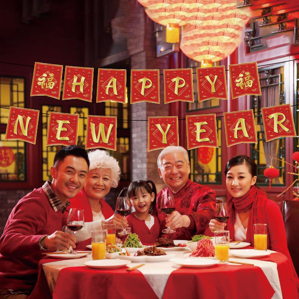 Rosulasi Chinese New Year Decorations 2026 | Red & Gold 16.4Ft Happy Lunar Banner & Bunting
