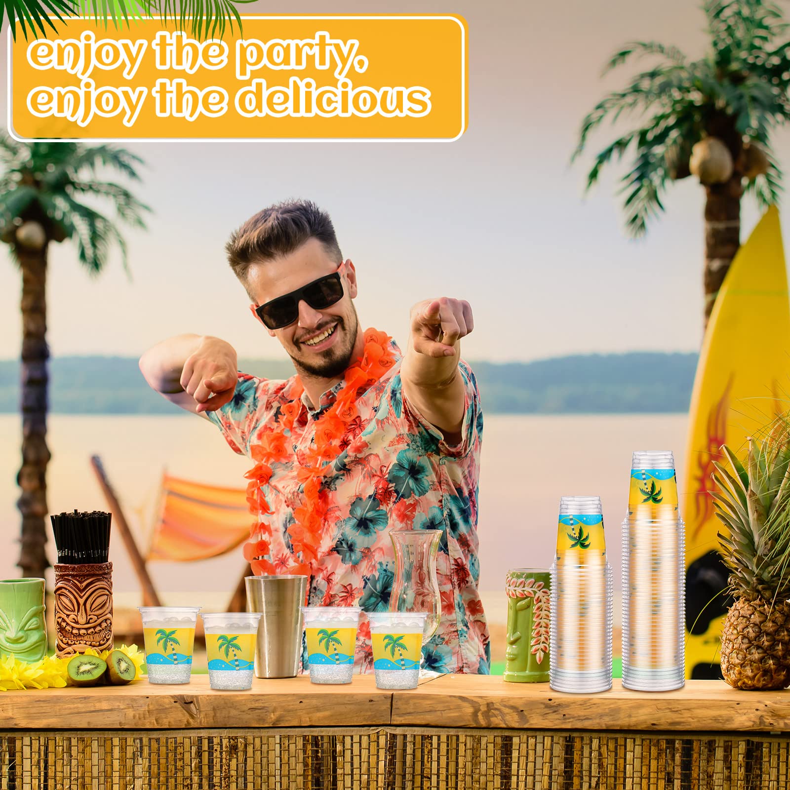 Rtteri 100 Pcs 12oz Luau Cups – Plastic Coconut Tree Wave Design for Summer Beach Parties
