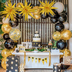 RUBFAC 140pcs Black & Gold Balloons Kit – Premium Latex Confetti Stars, 5/10/12/18 Inch for Party Decor