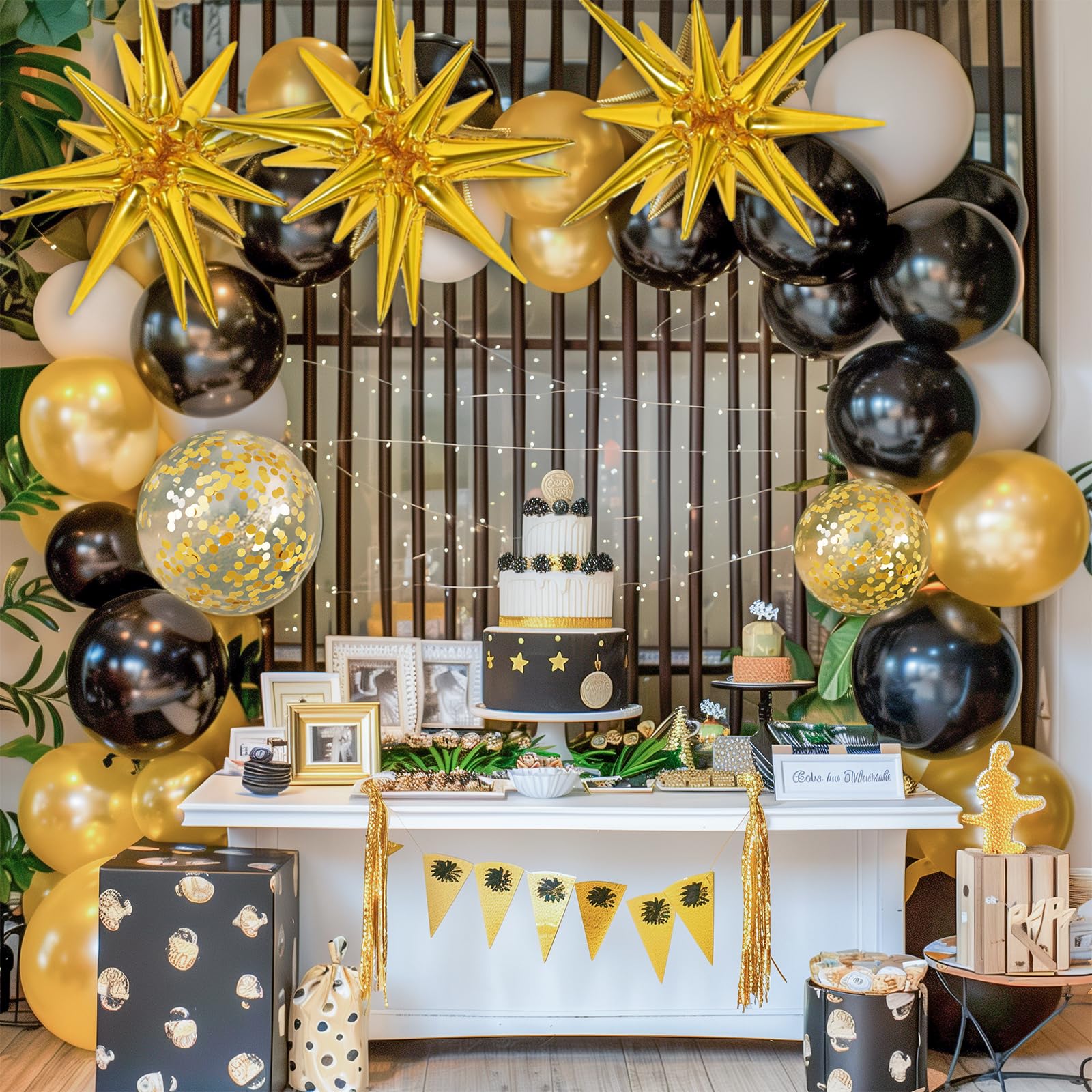 RUBFAC 140pcs Black & Gold Balloons Kit – Premium Latex Confetti Stars, 5/10/12/18 Inch for Party Decor