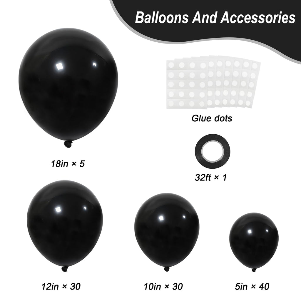 RUBFAC Black Balloons Set - 105pcs (18/12/10/5in) for Garland Arches and Party Decor