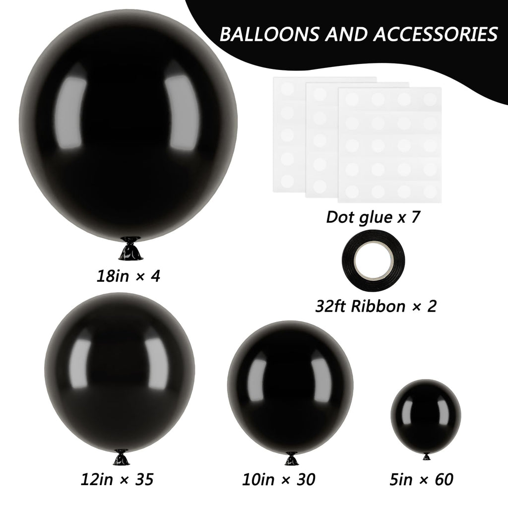 RUBFAC Black Balloons Kit 129pcs for Balloon Arch – 18/12/10/5 Inch Latex Balloons