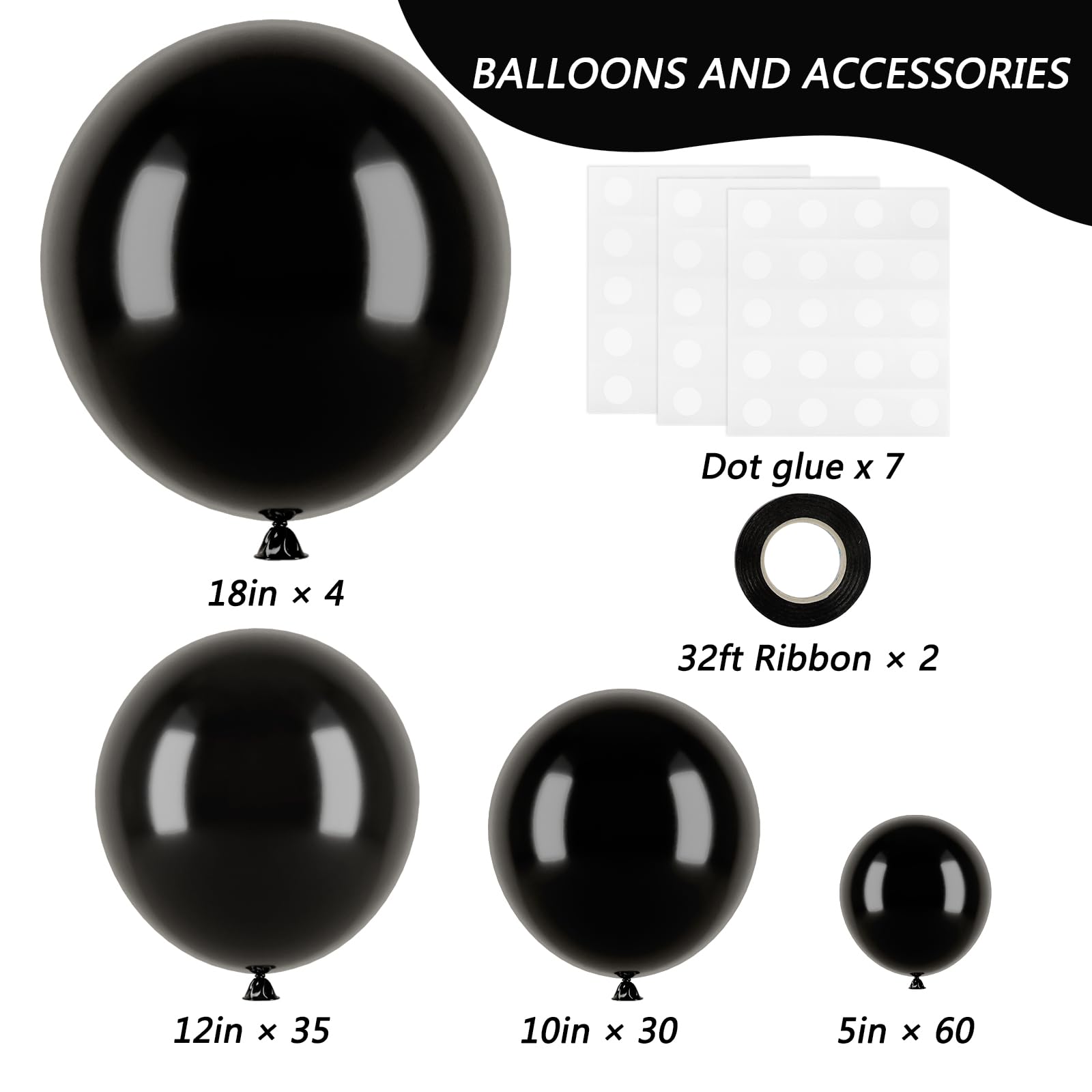 RUBFAC Black Balloons Kit 129pcs for Balloon Arch – 18/12/10/5 Inch Latex Balloons