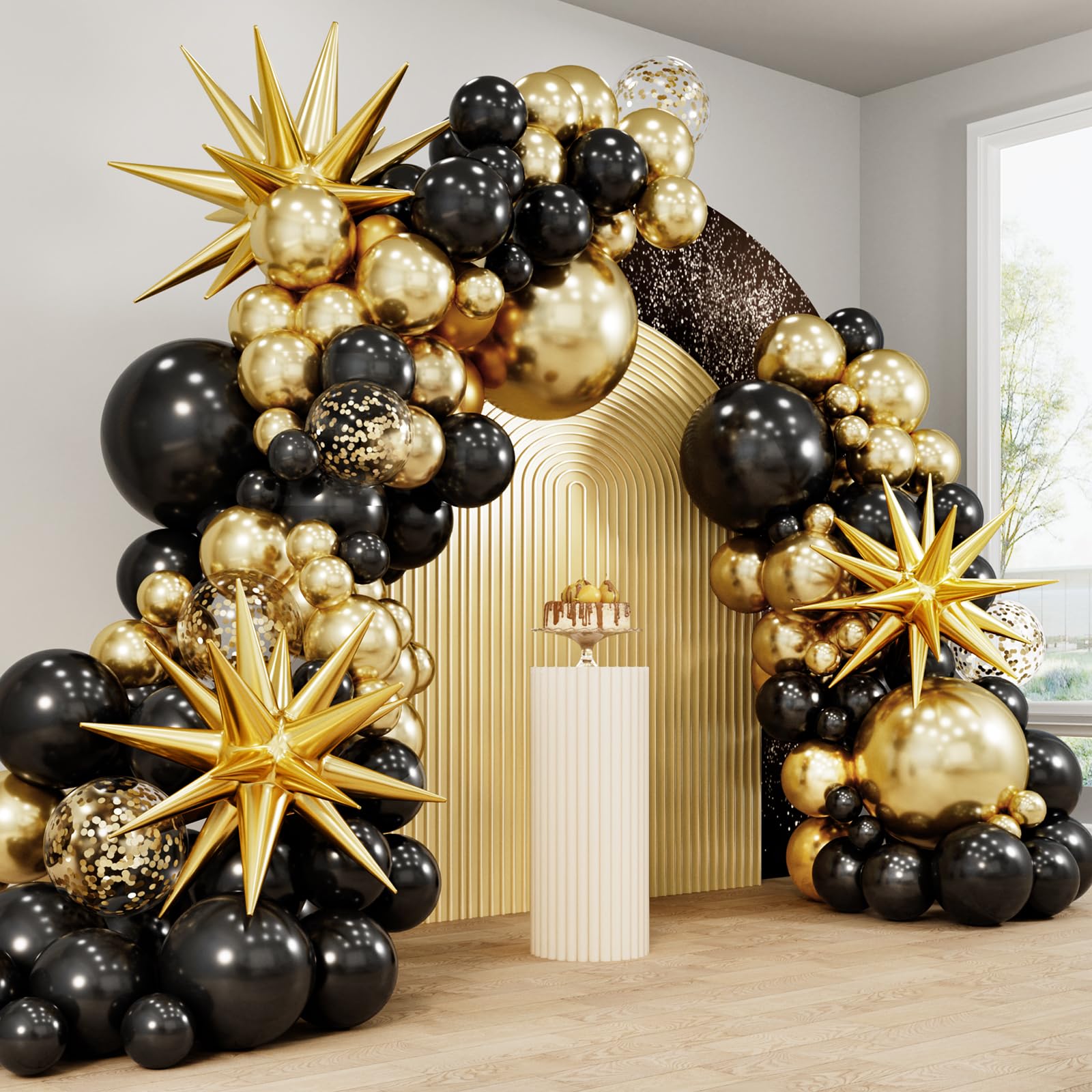 RUBFAC 140pcs Black & Gold Balloons Kit – Premium Latex Confetti Stars, 5/10/12/18 Inch for Party Decor
