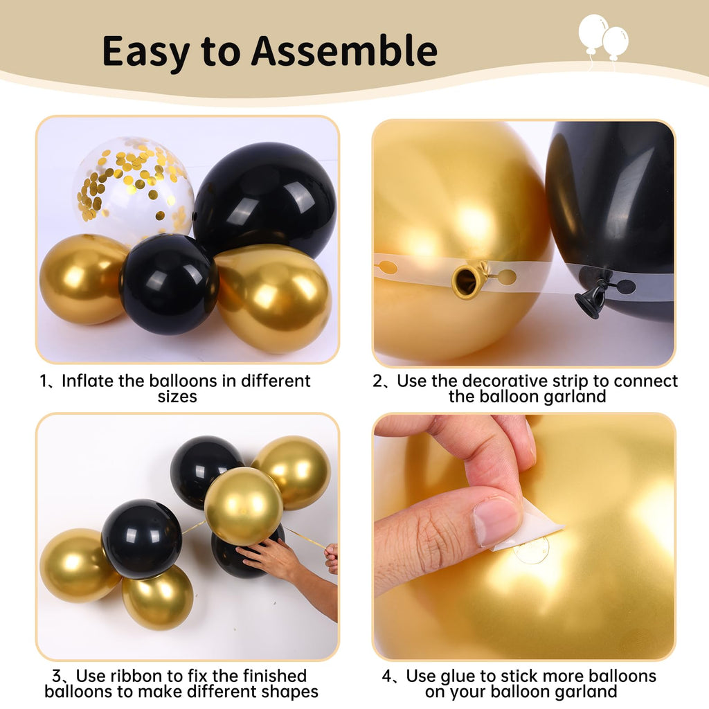 RUBFAC 140pcs Black & Gold Balloons Kit – Premium Latex Confetti Stars, 5/10/12/18 Inch for Party Decor