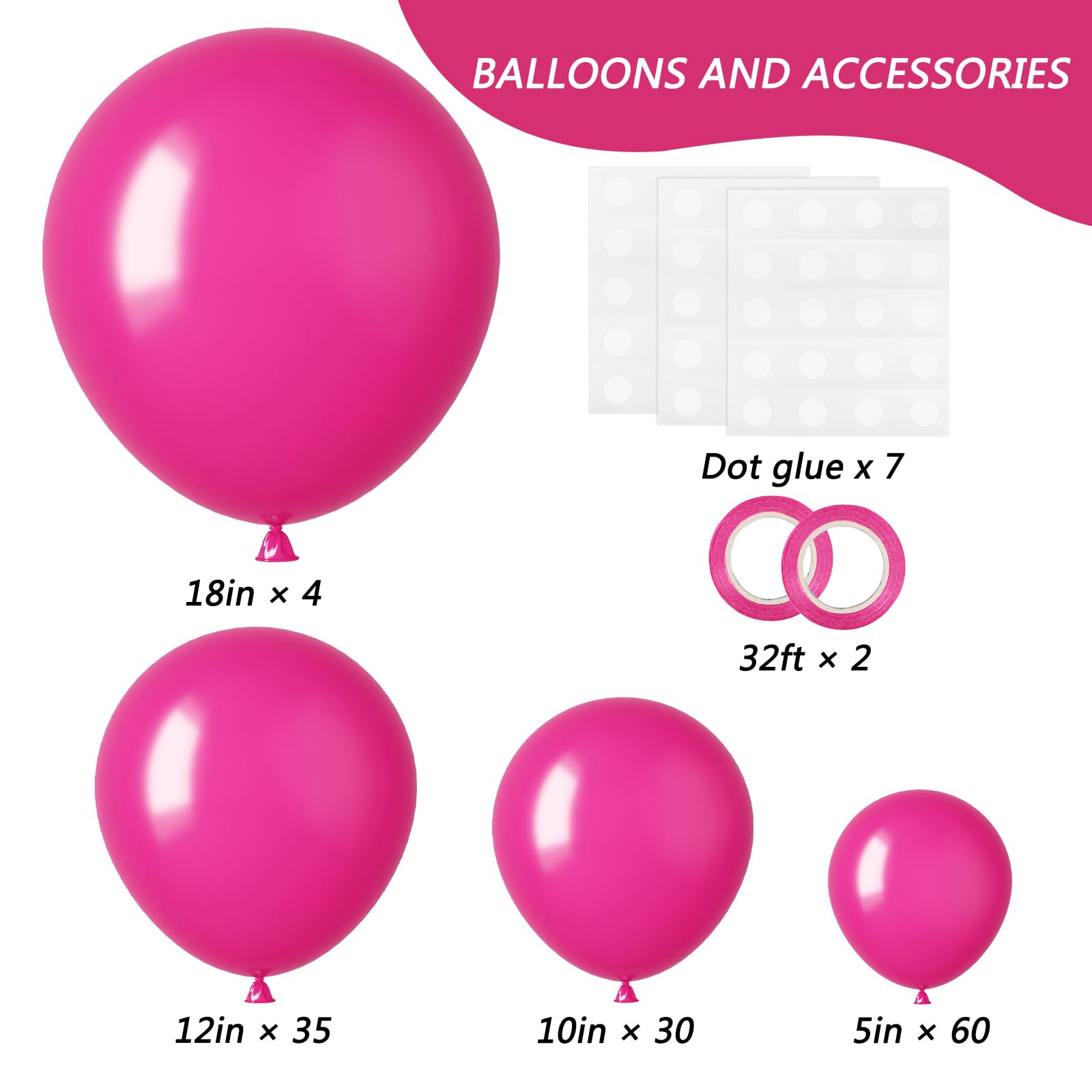 RUBFAC 129pcs Hot Pink Balloons Kit – Magenta Pink Balloon Arch & Garland Starter Set (18, 12, 10, 5 in)