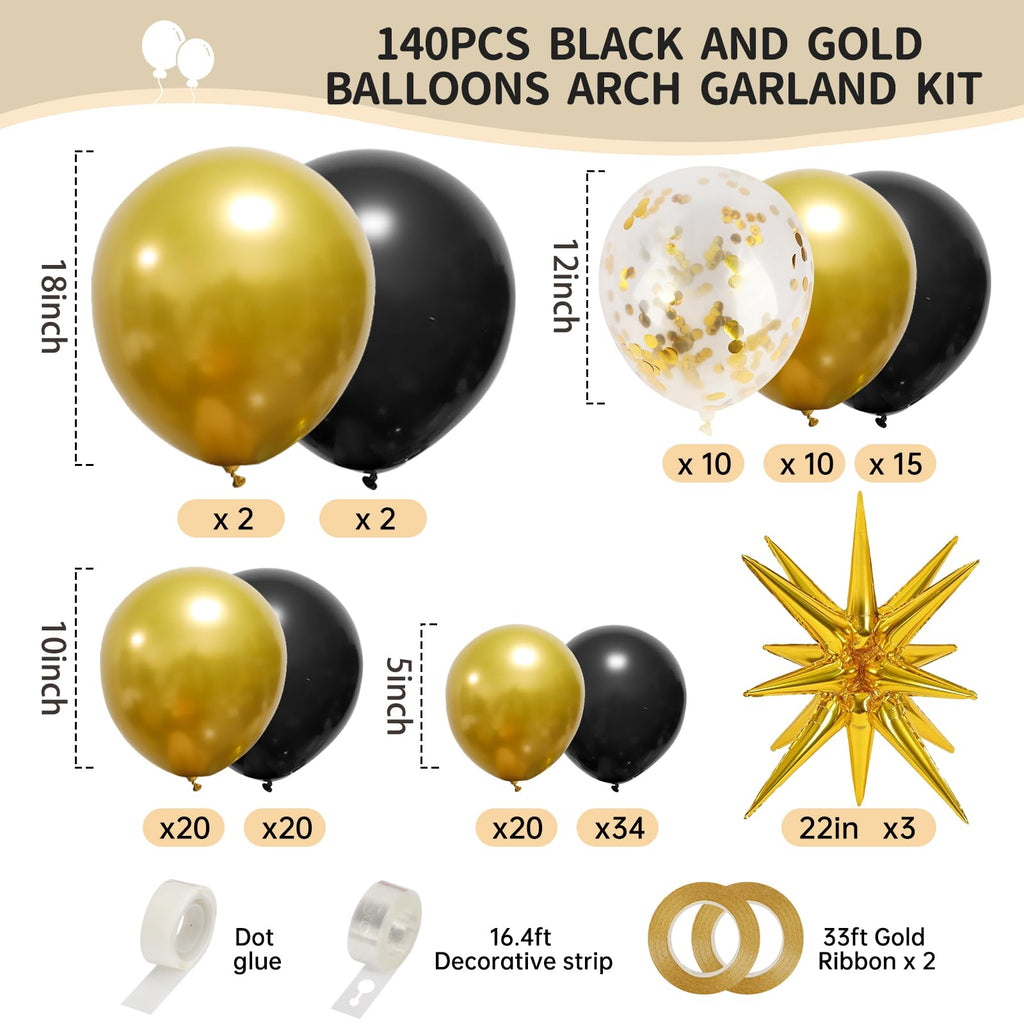 RUBFAC 140pcs Black & Gold Balloons Kit – Premium Latex Confetti Stars, 5/10/12/18 Inch for Party Decor